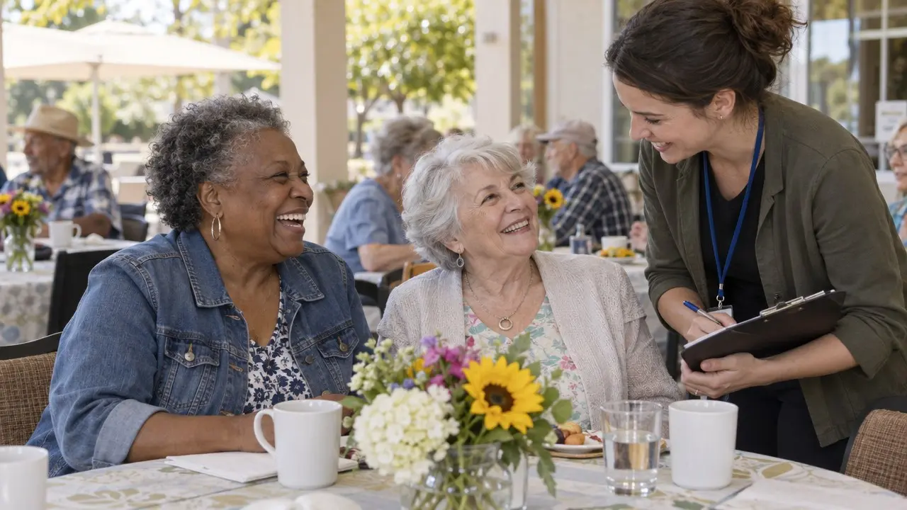 Older women laughing together over lunch