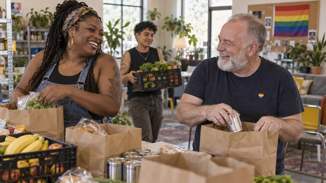 Volunteers packing groceries at a food pantry