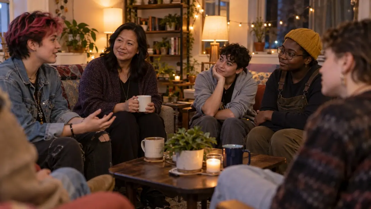 A small group of young people talking together in a cozy living room